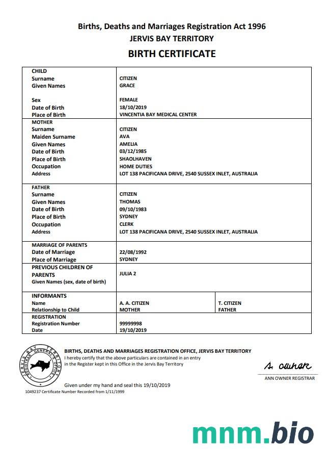 Australia Jervis Bay territory narodziny certyfikat szablon in Word i PDF formacie